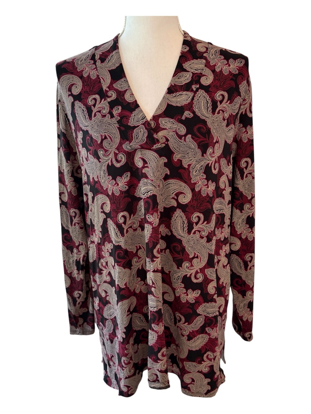 J. Jill Wearever Collection Paisley Print Red and Black Tunic Top. Size L